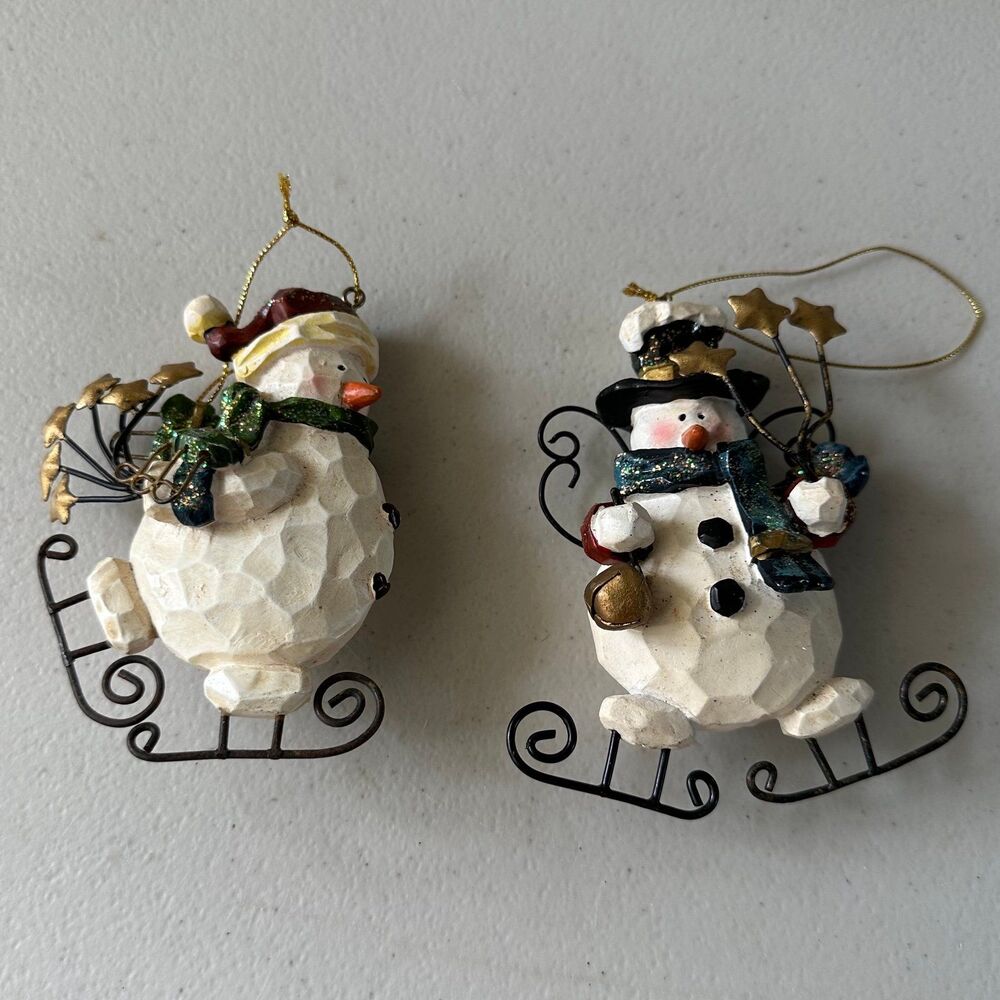 Lot Of 2 Whimsical Ice Skating Molded Textured Snowman Christmas Metal Ornaments